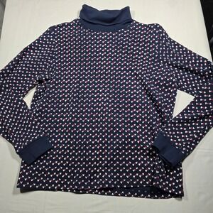 LL Bean Womens Large Navy Blue Heart Print Turtleneck Long Sleeve Cotton Top